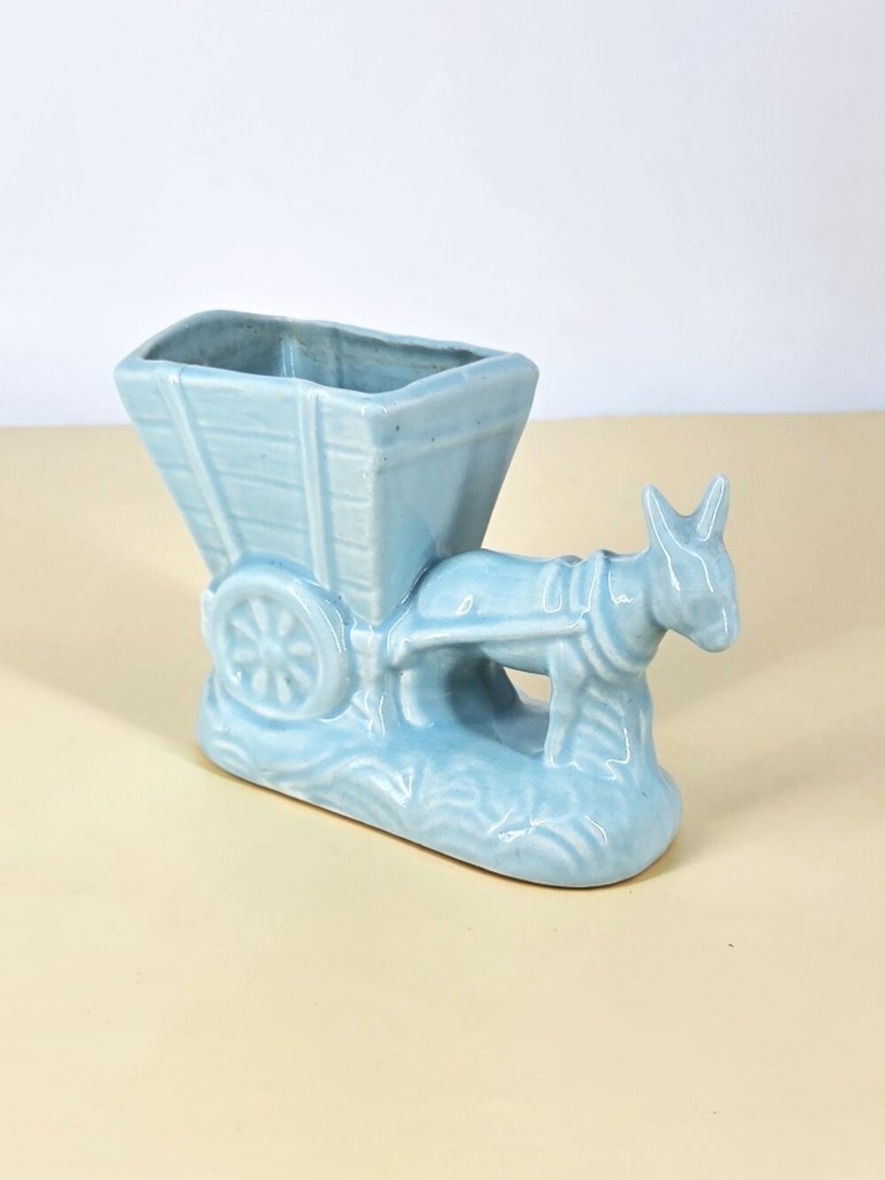 1940s Powder Blue MCM Ceramic Donkey Cart Planter/Vase Glossy Unbranded 7.75" L.